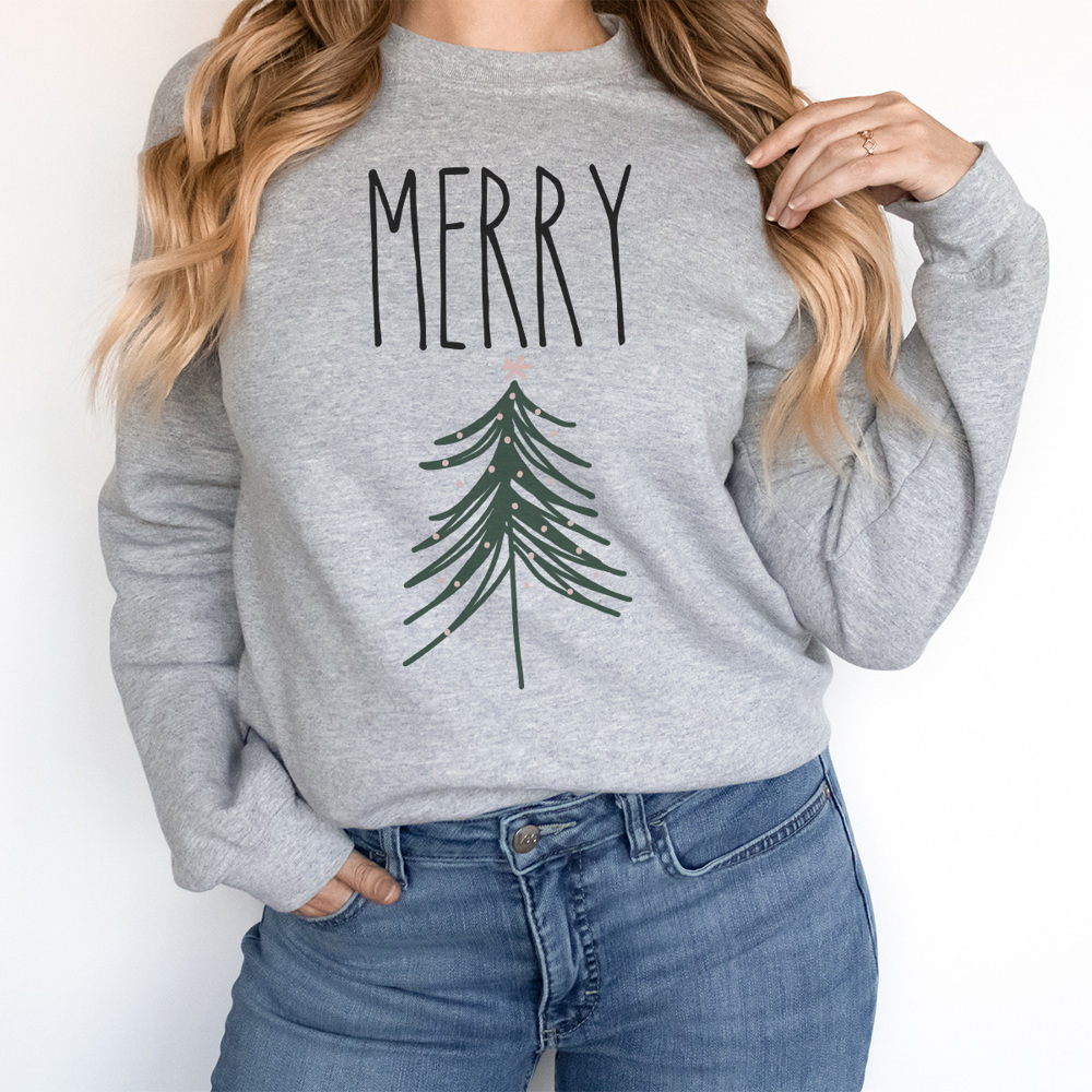 Merry Tree Graphic Sweatshirt, Cute Christmas Sweatshirt, Christmas Tree, Crew Neck