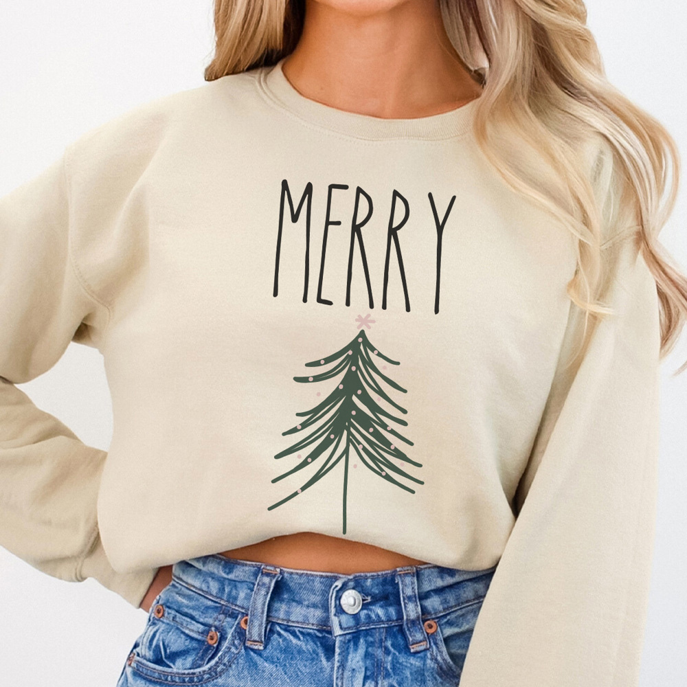 Merry Tree Graphic Sweatshirt, Cute Christmas Sweatshirt, Christmas Tree, Crew Neck