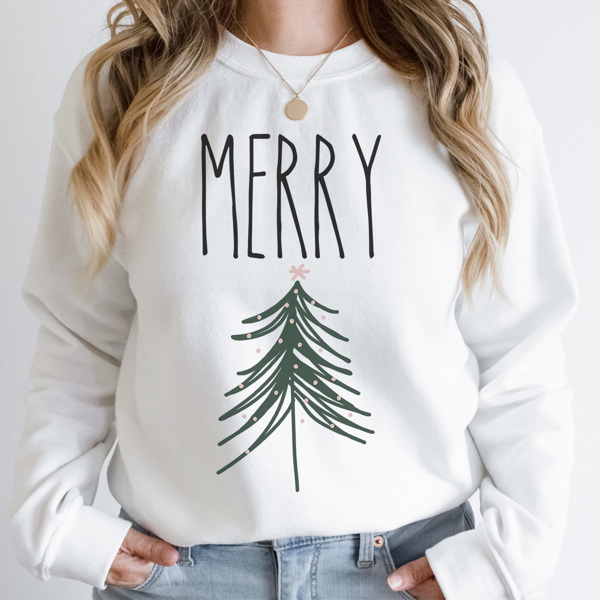 Merry Tree Graphic Sweatshirt, Cute Christmas Sweatshirt, Christmas Tree, Crew Neck