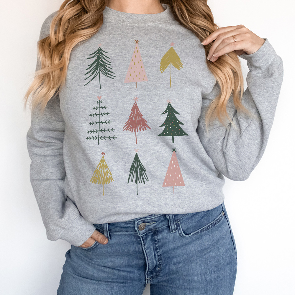 Boho Christmas Trees Graphic Sweatshirt, Cute Christmas Sweatshirt, Christmas Trees, Crew Neck