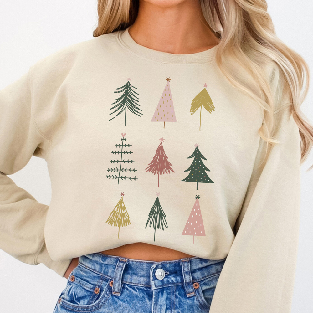 Boho Christmas Trees Graphic Sweatshirt, Cute Christmas Sweatshirt, Christmas Trees, Crew Neck