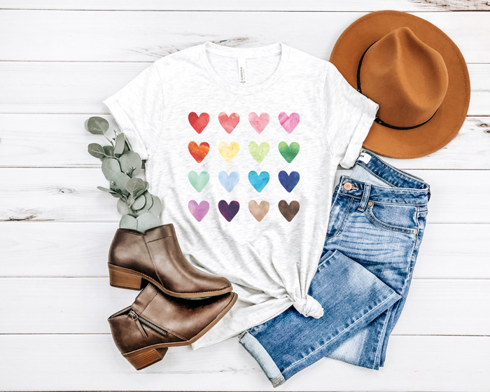 Watercolor Hearts Graphic Tee, Valentines Day Graphic Tee, Cute Valentines Shirt, Rainbow Hearts Shirt