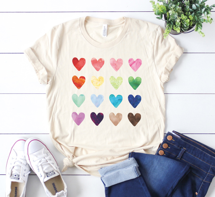 Watercolor Hearts Graphic Tee, Valentines Day Graphic Tee, Cute Valentines Shirt, Rainbow Hearts Shirt