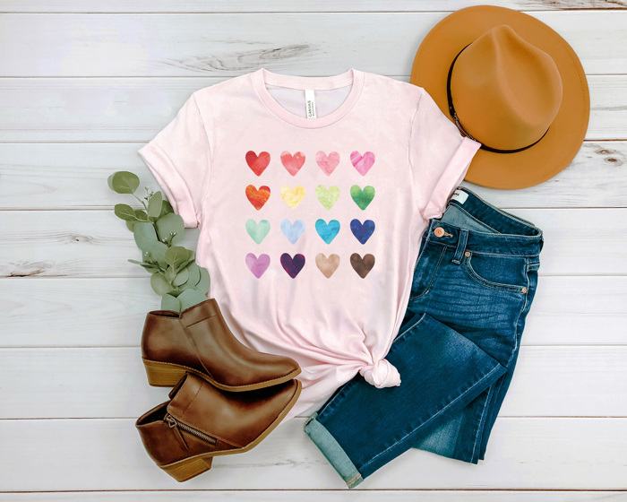 Watercolor Hearts Graphic Tee, Valentines Day Graphic Tee, Cute Valentines Shirt, Rainbow Hearts Shirt