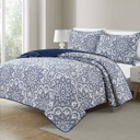 Full/Double Navy Medallion Bibb Home 3 Piece Printed Reversible Quilt Set