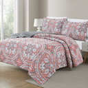 King Grey Red Floral Bibb Home 3 Piece Printed Reversible Quilt Set