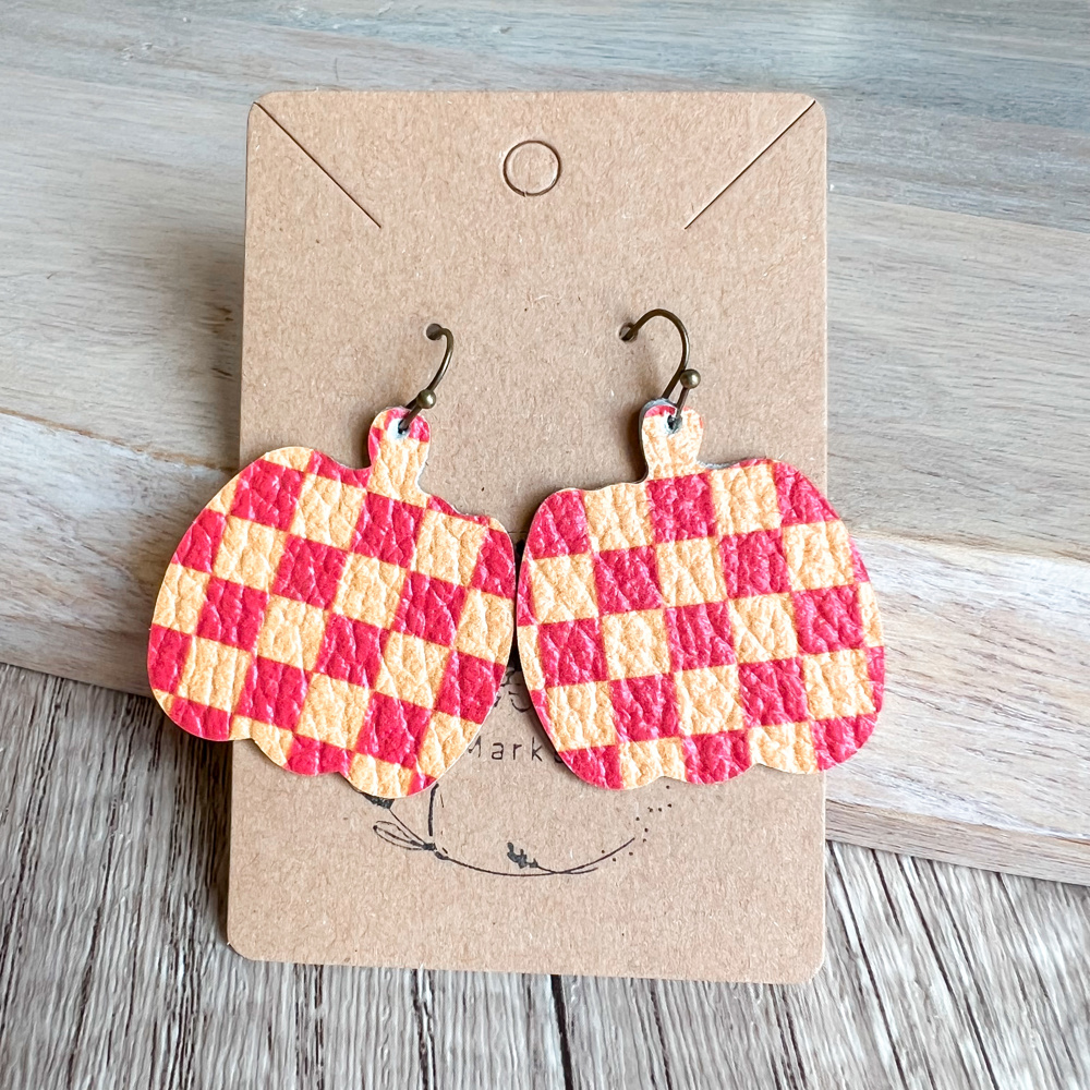 Handmade Leather Checkered Pumpkin Earrings