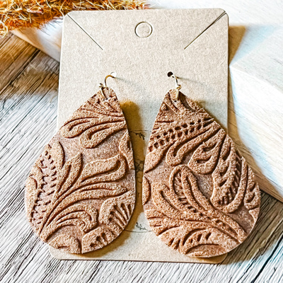 Handmade Leather & Lace Embossed Teardrop Earrings