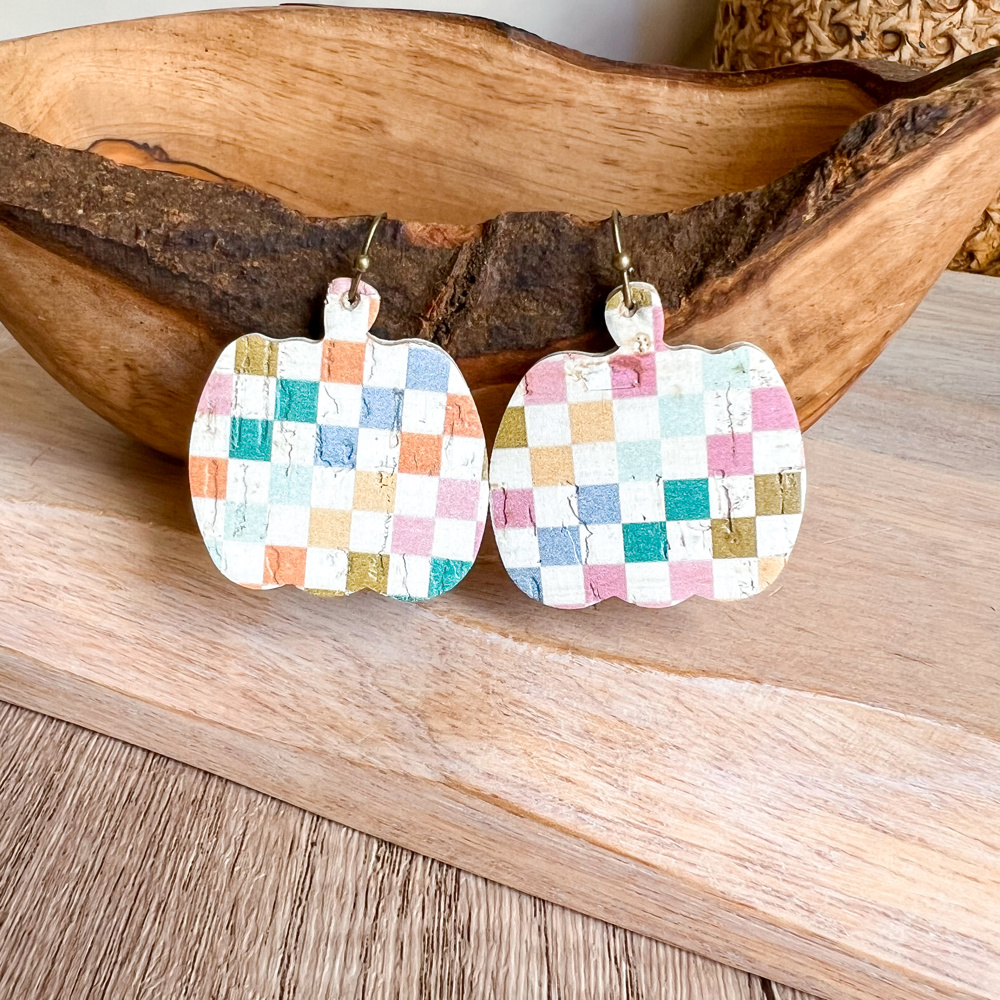 Handmade Leather Checkered Pumpkin Earrings