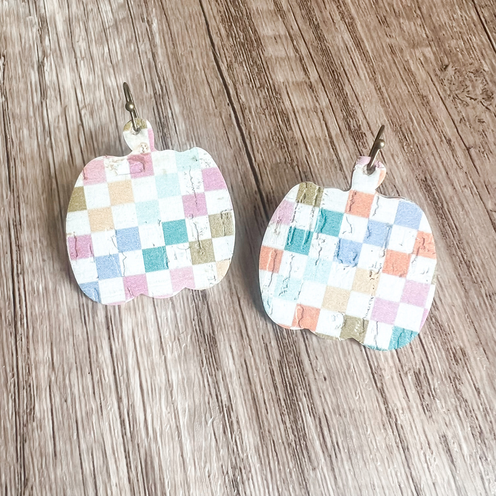 Handmade Leather Checkered Pumpkin Earrings