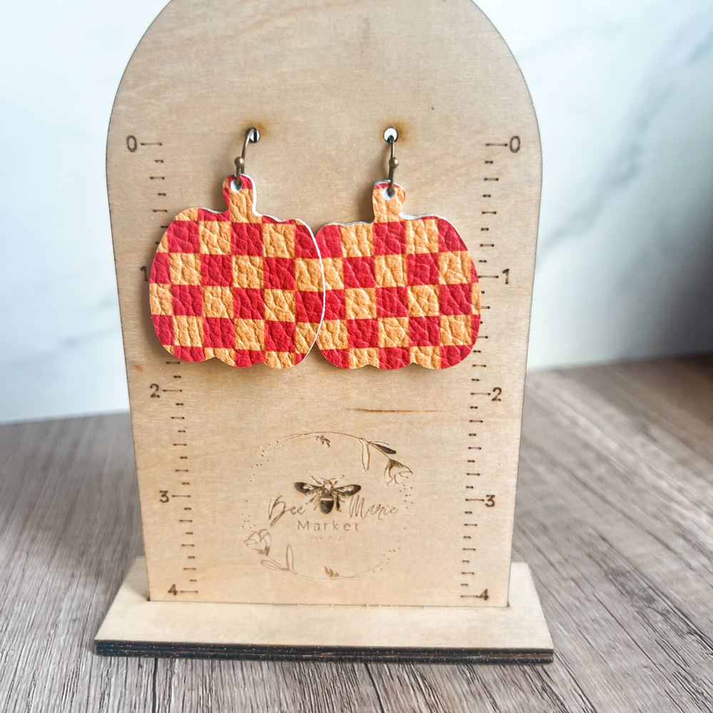 Handmade Leather Checkered Pumpkin Earrings