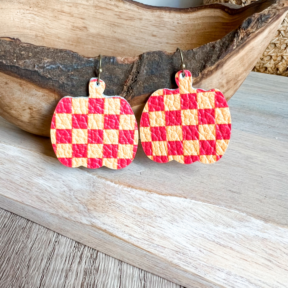 Handmade Leather Checkered Pumpkin Earrings