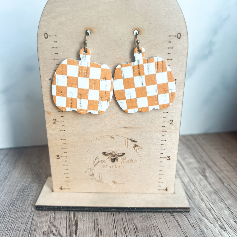 Handmade Leather Checkered Pumpkin Earrings