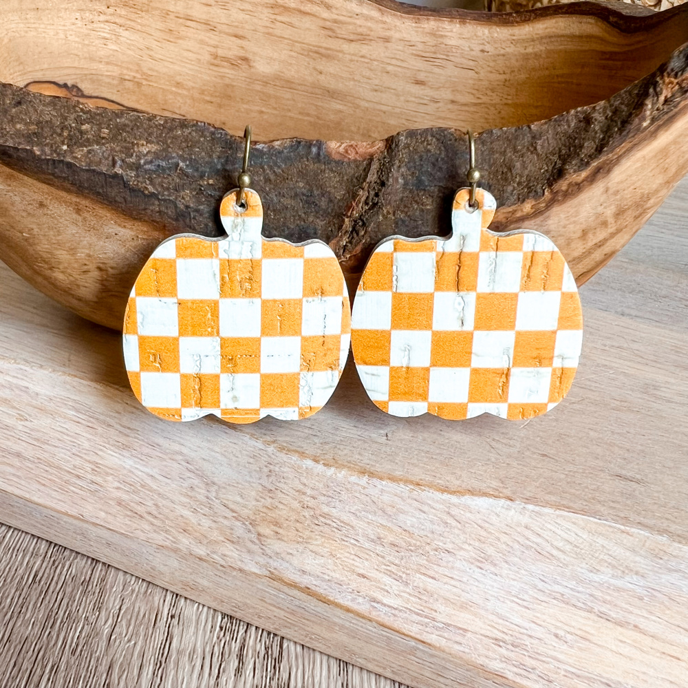 Handmade Leather Checkered Pumpkin Earrings