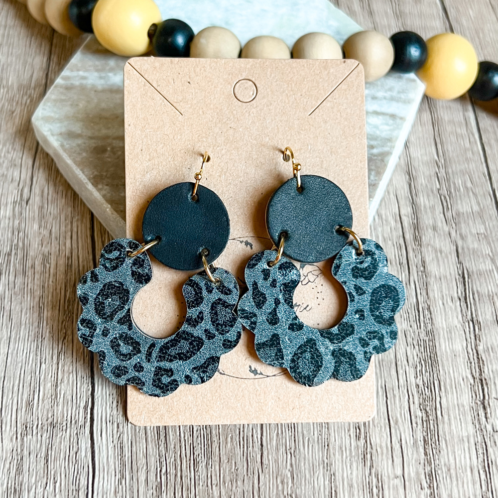 Handmade Black Animal Print Scalloped Leather Earrings