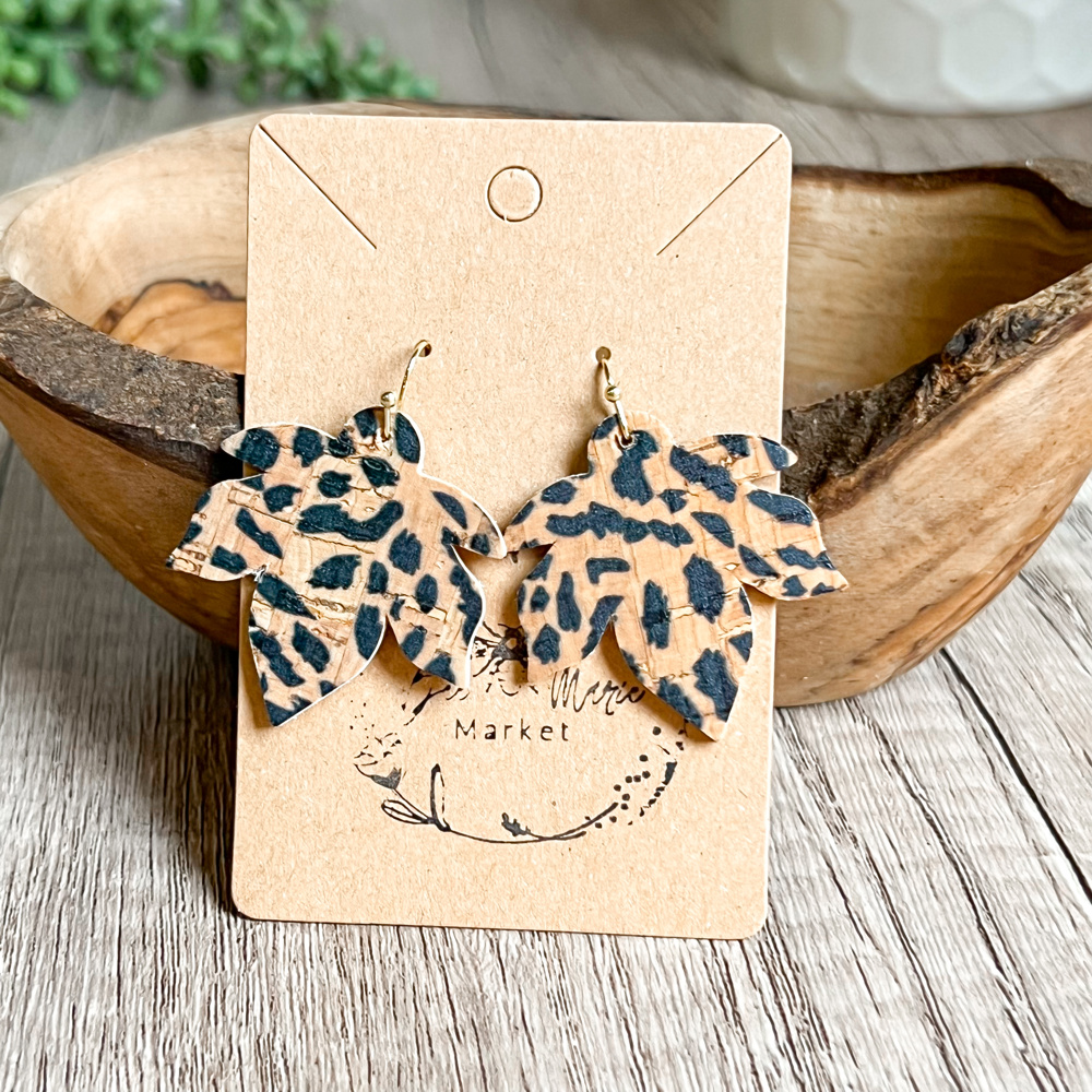 Handmade Leather Animal Print Leaf Earrings