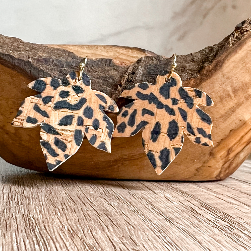 Handmade Leather Animal Print Leaf Earrings