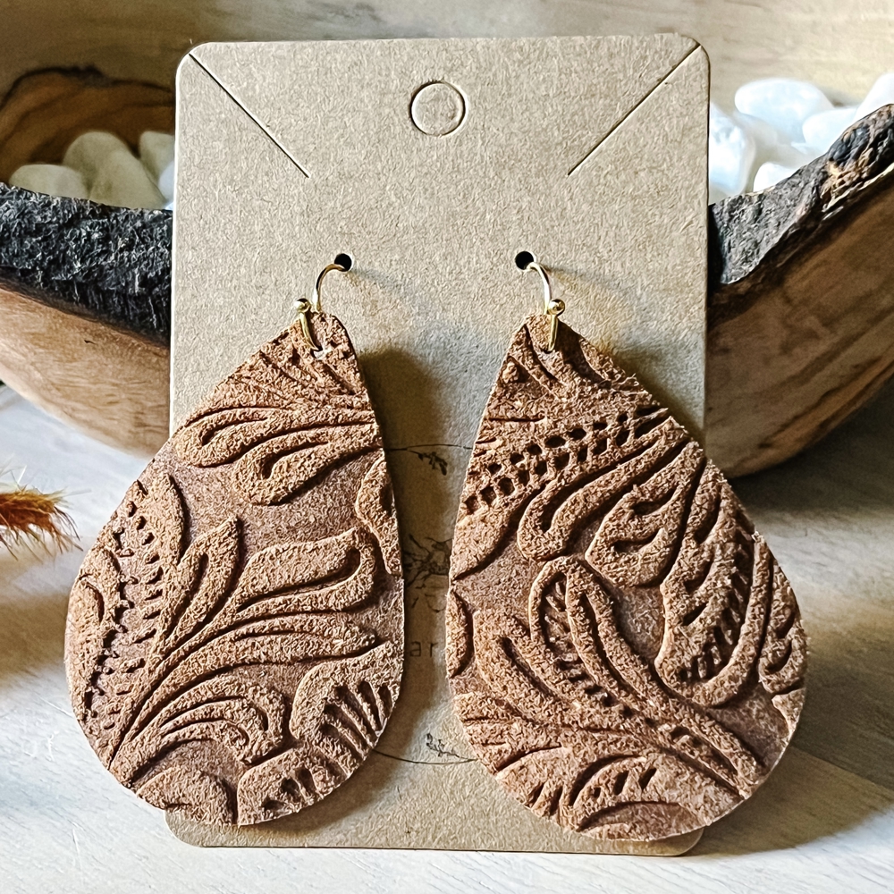 Handmade Leather & Lace Embossed Teardrop Earrings