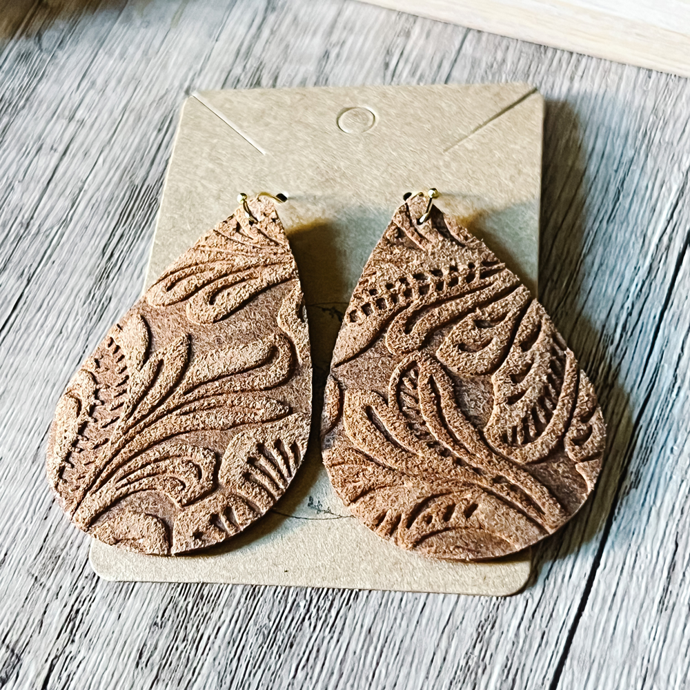 Handmade Leather & Lace Embossed Teardrop Earrings