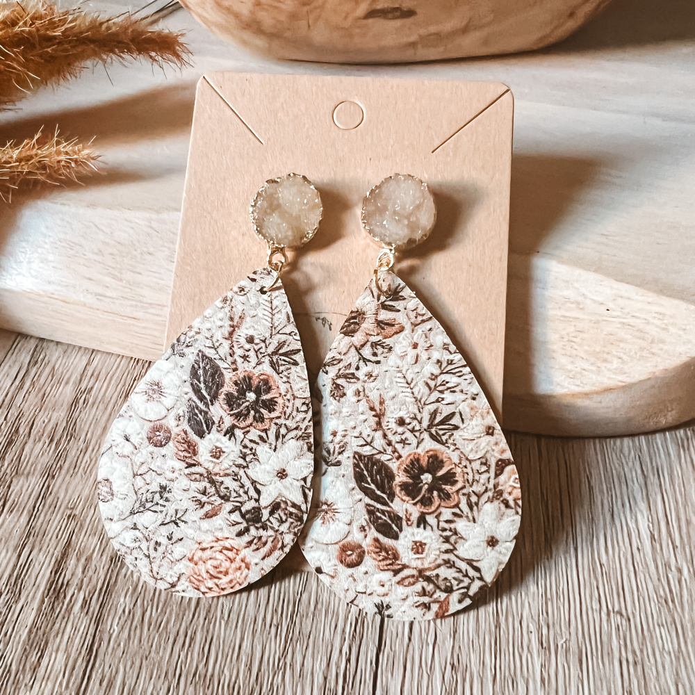 Handmade Floral Druzy Teardrop Earrings