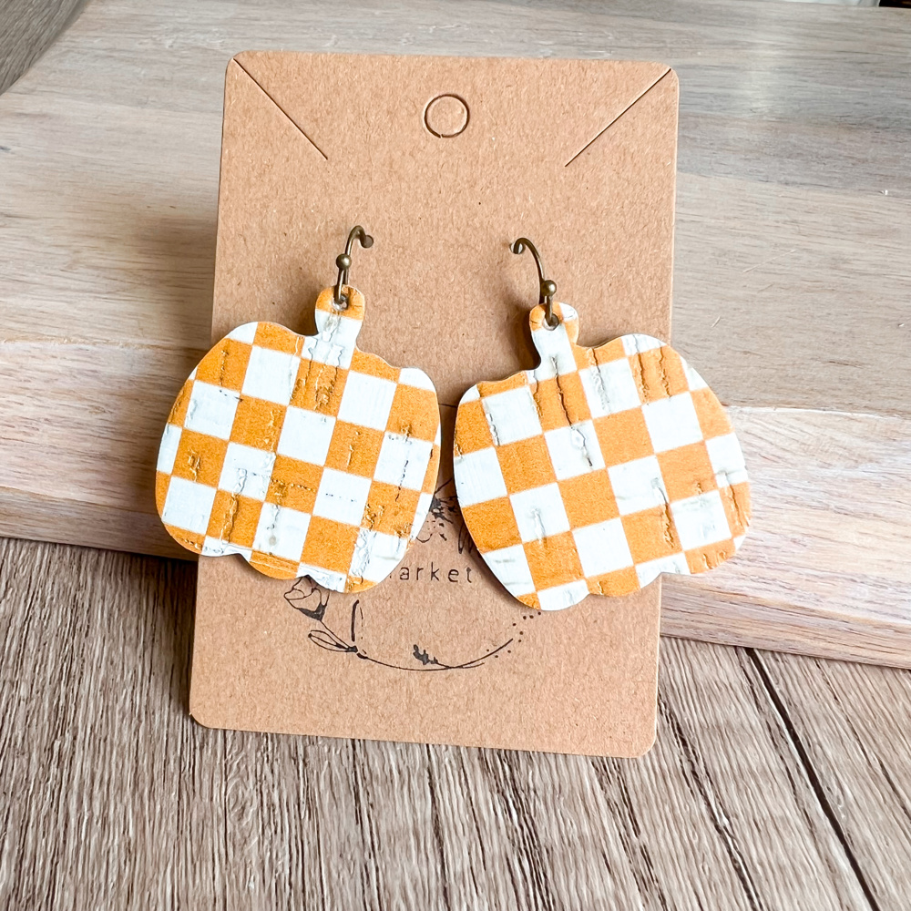 Handmade Leather Checkered Pumpkin Earrings