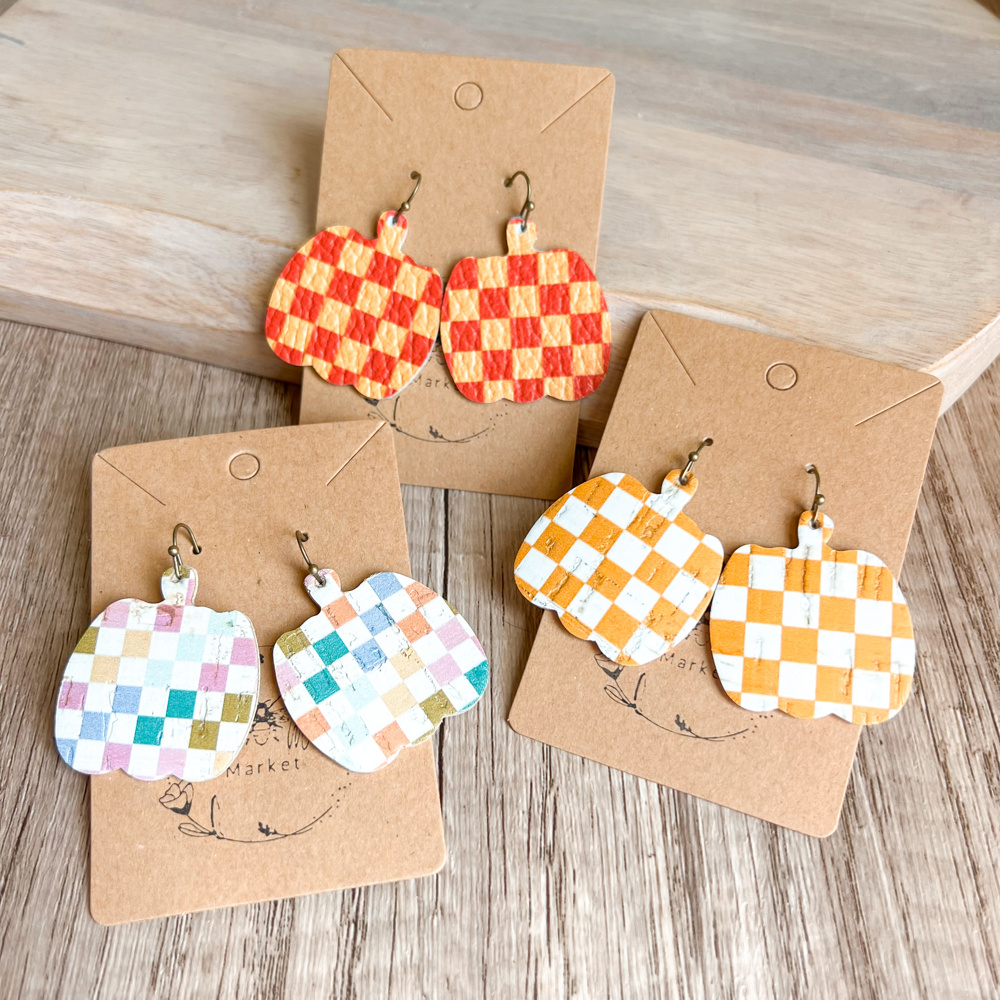 Handmade Leather Checkered Pumpkin Earrings