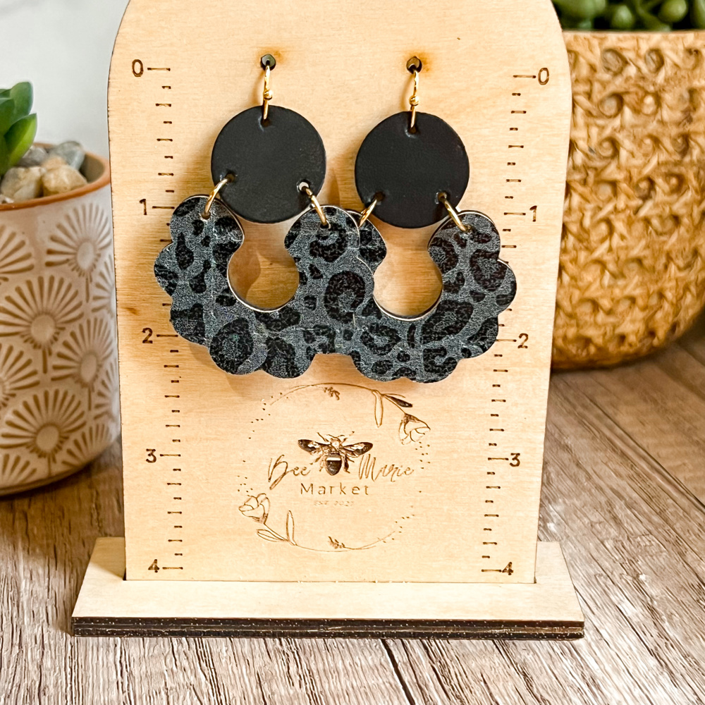 Handmade Black Animal Print Scalloped Leather Earrings