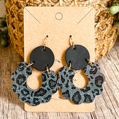 Becky Handmade Black Animal Print Scalloped Leather Earrings