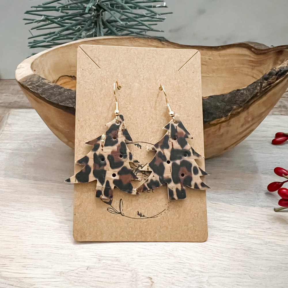 Handmade Animal Print Genuine Leather Christmas Tree Earrings