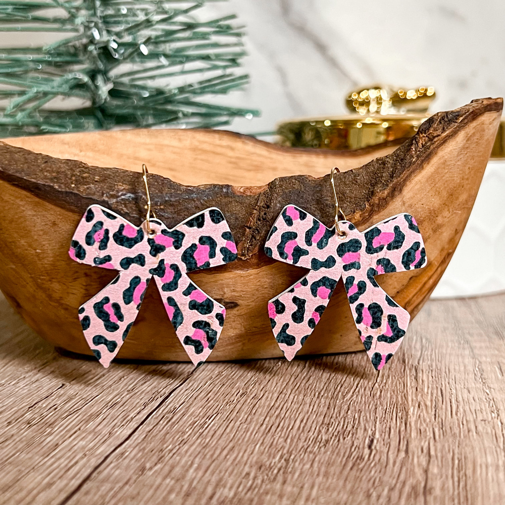 Pink Animal Print Bow Genuine Leather Earrings