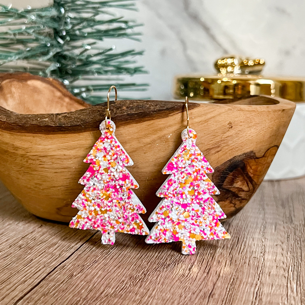 Cotton Candy Glitter Genuine Leather Christmas Tree Earrings