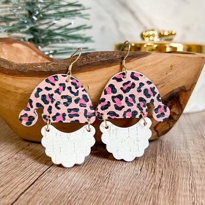 Andrea Handmade Pink Animal Print Santa Hat/Beard Earrings