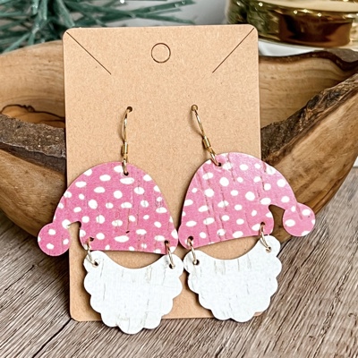 Doodle Dot Pink Handmade Santa Hat/Beard Earrings