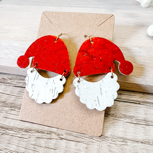 Animal Print Red Foil Handmade Santa Hat/Beard Earrings