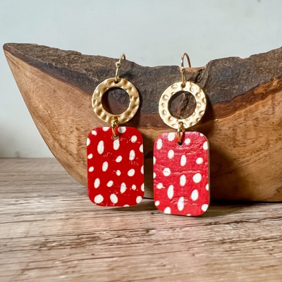 Ashley Red Doodle Dot Handmade Hammered Hoop Earrings