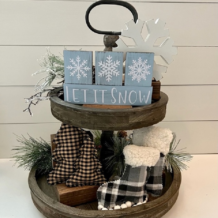 Small Primitive Wood Christmas Blocks | Tiered Tray Christmas Decor | Let It Snow Wood Blocks | Shelf Sitter Sign
