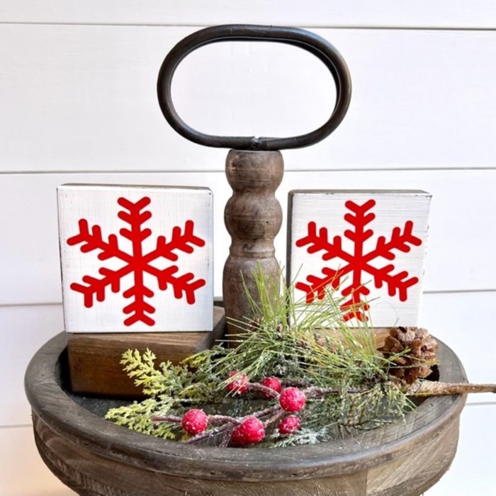 Set of 2 Small Christmas Snowflake Wood Blocks | Farmhouse | Rustic | Holiday Decor | Tired Tray | Bowl Fillers
