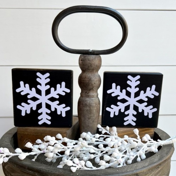 Set of 2 Small Christmas Snowflake Wood Blocks | Farmhouse | Rustic | Holiday Decor | Tired Tray | Bowl Fillers