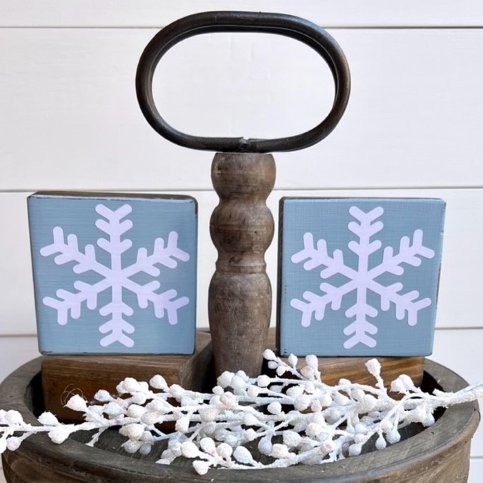 Set of 2 Small Christmas Snowflake Wood Blocks | Farmhouse | Rustic | Holiday Decor | Tired Tray | Bowl Fillers