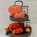 Orang & White Plaid Pumpkin Fall & Halloween Fabric Tray Fillers | Set of 2