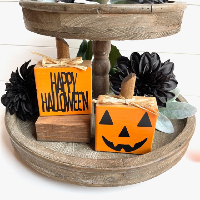 Small Rustic Jack-o-Lantern Wood Blocks | Set of 2