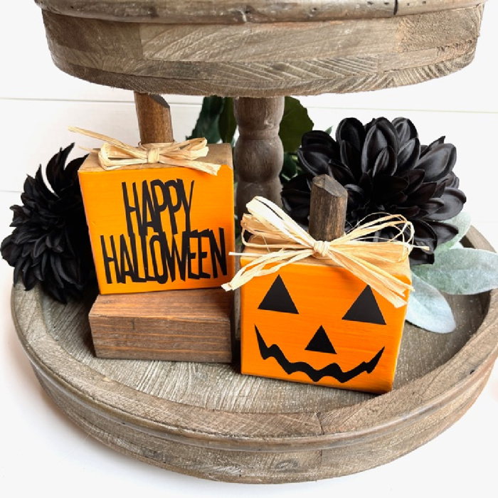 Small Rustic Jack-o-Lantern Wood Blocks | Set of 2