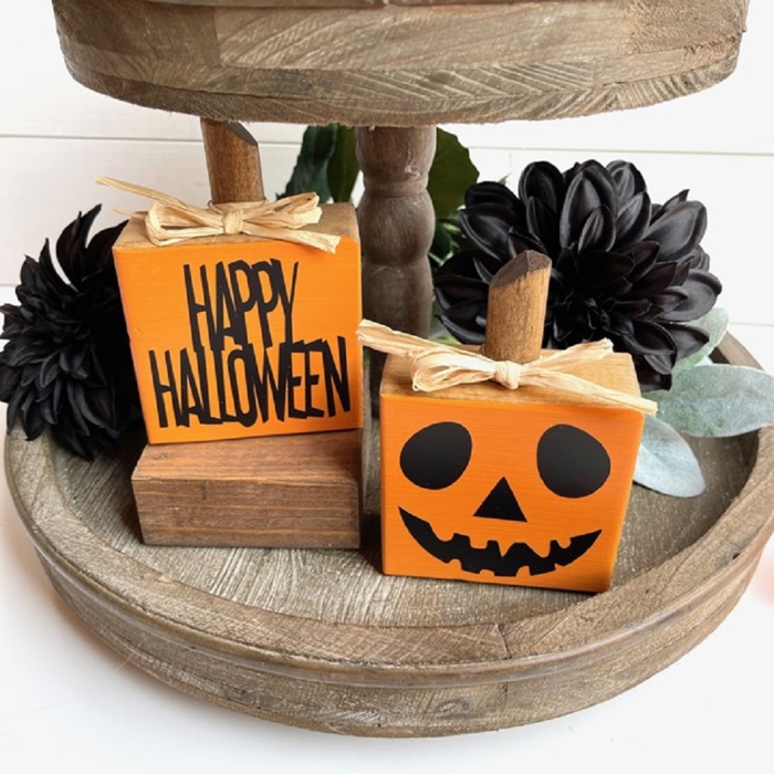 Small Rustic Jack-o-Lantern Wood Blocks | Set of 2