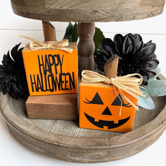 Small Rustic Jack-o-Lantern Wood Blocks | Set of 2