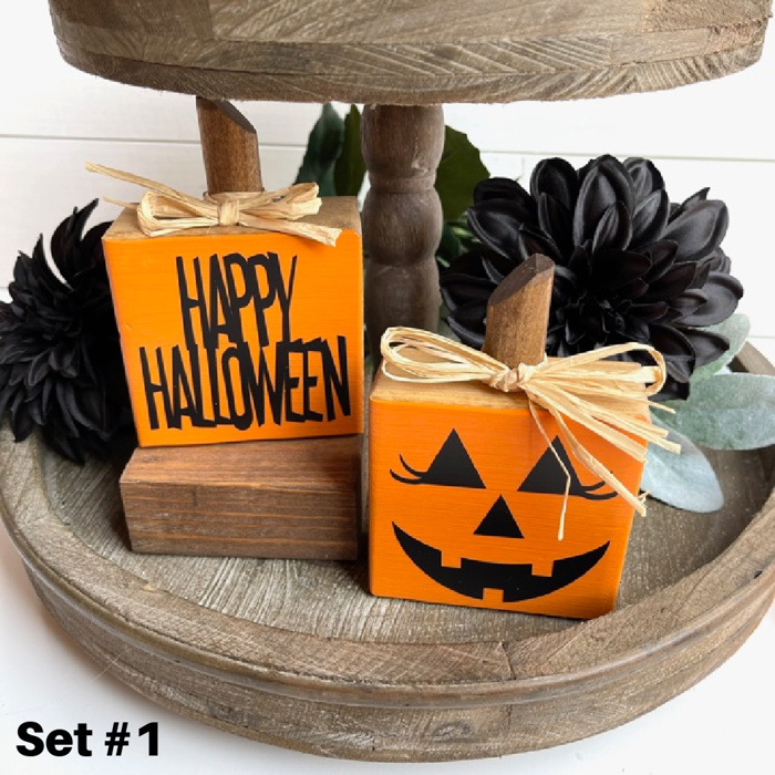 Small Rustic Jack-o-Lantern Wood Blocks | Set of 2