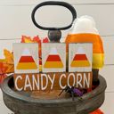 Candy Corn Small Fall & Halloween Primitive Wood Block Set | Tiered Tray Fall & Halloween Decor | Shelf Sitter Sign