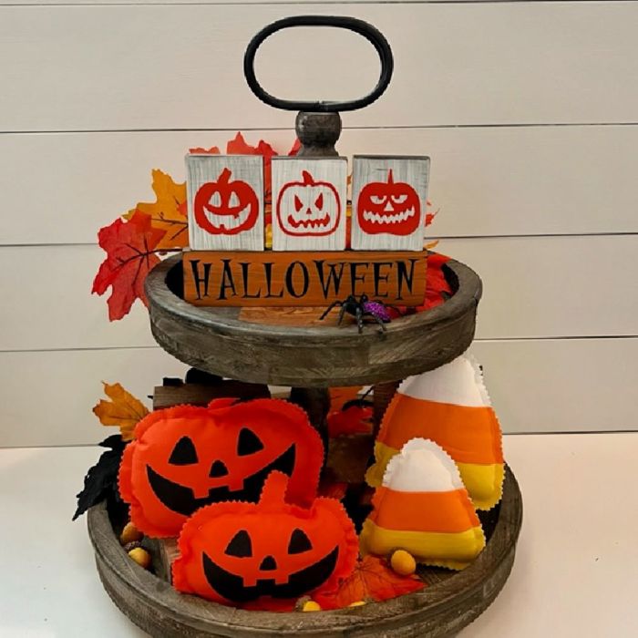 Small Fall & Halloween Primitive Wood Block Set | Tiered Tray Fall & Halloween Decor | Shelf Sitter Sign