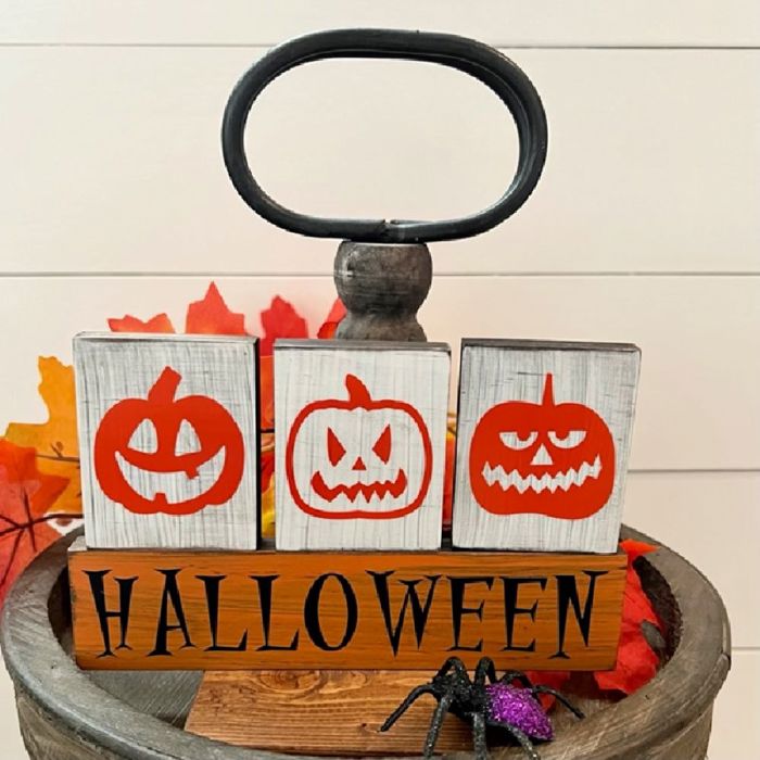 Small Fall & Halloween Primitive Wood Block Set | Tiered Tray Fall & Halloween Decor | Shelf Sitter Sign