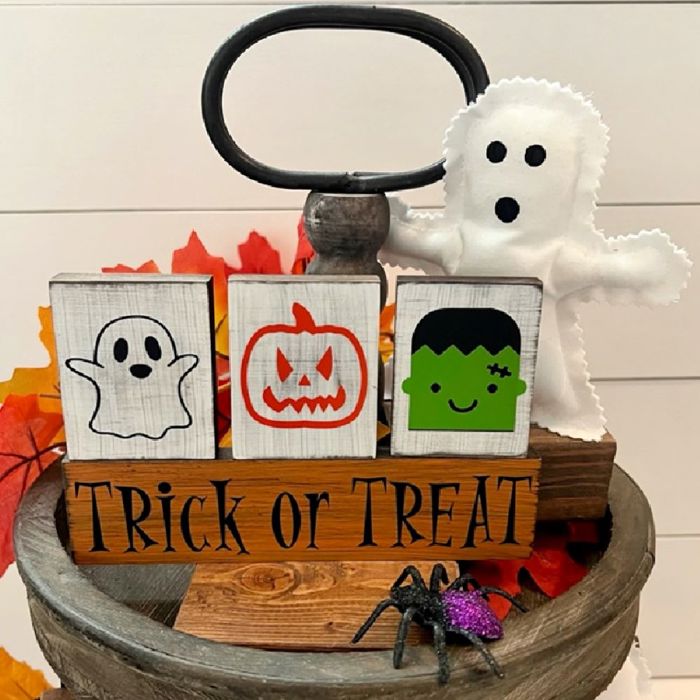 Small Fall & Halloween Primitive Wood Block Set | Tiered Tray Fall & Halloween Decor | Shelf Sitter Sign
