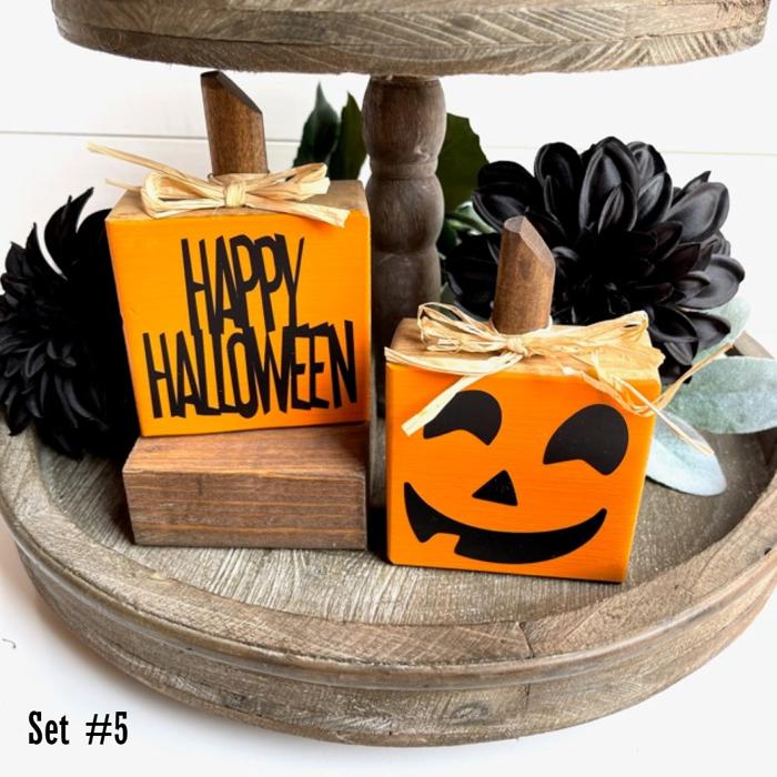 Small Rustic Jack-o-Lantern Wood Blocks | Set of 2